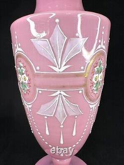 Antique Pink Opaline Glass Bristol Vase Hand Painted Floral Urn Shape Victorian