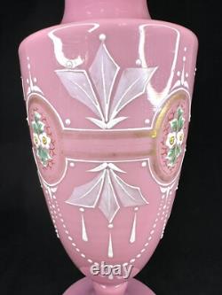 Antique Pink Opaline Glass Bristol Vase Hand Painted Floral Urn Shape Victorian