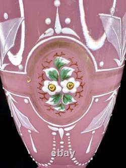 Antique Pink Opaline Glass Bristol Vase Hand Painted Floral Urn Shape Victorian