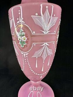 Antique Pink Opaline Glass Bristol Vase Hand Painted Floral Urn Shape Victorian