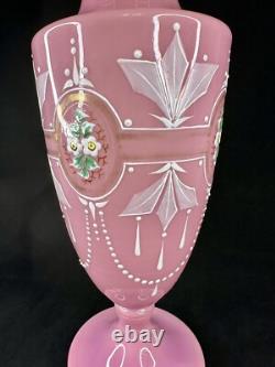 Antique Pink Opaline Glass Bristol Vase Hand Painted Floral Urn Shape Victorian
