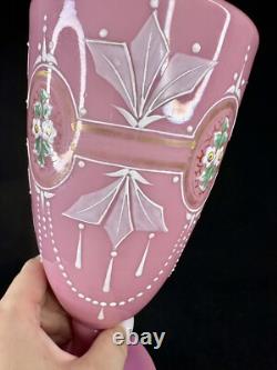 Antique Pink Opaline Glass Bristol Vase Hand Painted Floral Urn Shape Victorian
