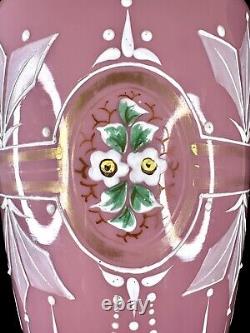 Antique Pink Opaline Glass Bristol Vase Hand Painted Floral Urn Shape Victorian