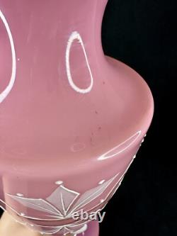 Antique Pink Opaline Glass Bristol Vase Hand Painted Floral Urn Shape Victorian