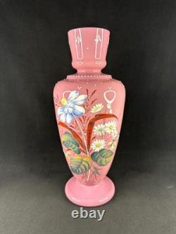 Antique Pink Opaline Glass Bristol Vase Hand Painted Floral Urn Shaped Victorian