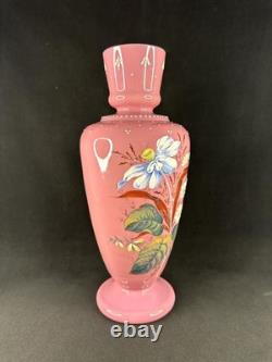 Antique Pink Opaline Glass Bristol Vase Hand Painted Floral Urn Shaped Victorian