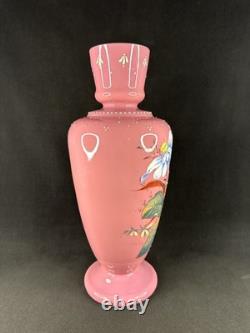 Antique Pink Opaline Glass Bristol Vase Hand Painted Floral Urn Shaped Victorian