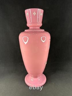 Antique Pink Opaline Glass Bristol Vase Hand Painted Floral Urn Shaped Victorian