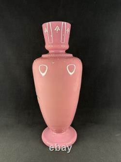 Antique Pink Opaline Glass Bristol Vase Hand Painted Floral Urn Shaped Victorian