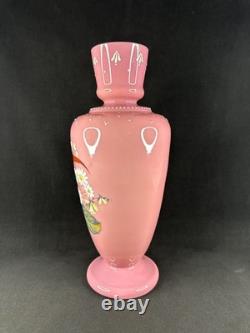 Antique Pink Opaline Glass Bristol Vase Hand Painted Floral Urn Shaped Victorian