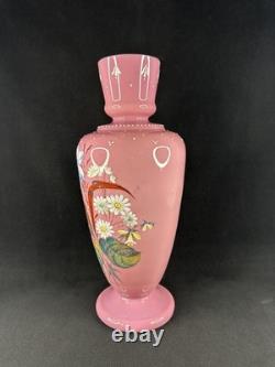 Antique Pink Opaline Glass Bristol Vase Hand Painted Floral Urn Shaped Victorian