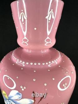 Antique Pink Opaline Glass Bristol Vase Hand Painted Floral Urn Shaped Victorian