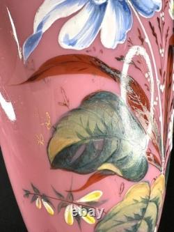 Antique Pink Opaline Glass Bristol Vase Hand Painted Floral Urn Shaped Victorian