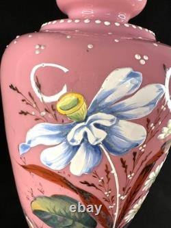 Antique Pink Opaline Glass Bristol Vase Hand Painted Floral Urn Shaped Victorian