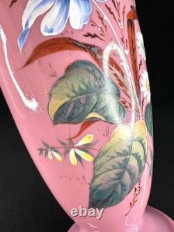 Antique Pink Opaline Glass Bristol Vase Hand Painted Floral Urn Shaped Victorian
