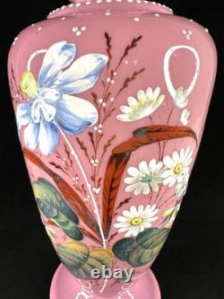 Antique Pink Opaline Glass Bristol Vase Hand Painted Floral Urn Shaped Victorian