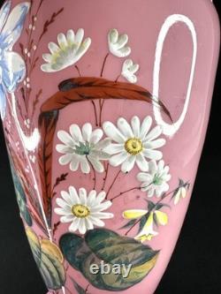 Antique Pink Opaline Glass Bristol Vase Hand Painted Floral Urn Shaped Victorian