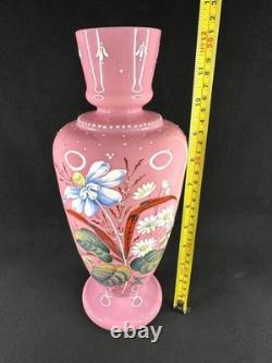 Antique Pink Opaline Glass Bristol Vase Hand Painted Floral Urn Shaped Victorian