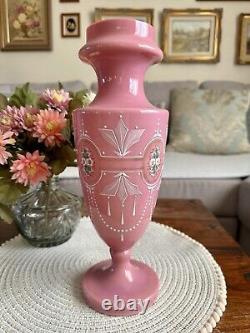 Antique Pink Opaline Glass Bristol Vase Hand Patient Floral Urn Shape Victorian