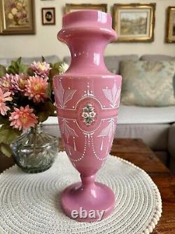 Antique Pink Opaline Glass Bristol Vase Hand Patient Floral Urn Shape Victorian