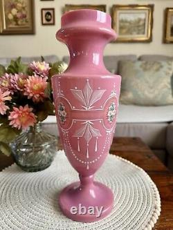 Antique Pink Opaline Glass Bristol Vase Hand Patient Floral Urn Shape Victorian