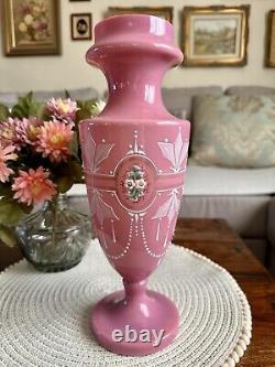 Antique Pink Opaline Glass Bristol Vase Hand Patient Floral Urn Shape Victorian