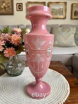 Antique Pink Opaline Glass Bristol Vase Hand Patient Floral Urn Shape Victorian