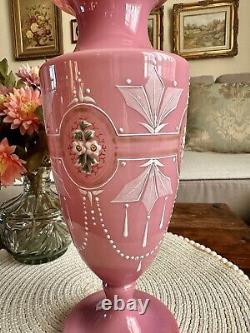 Antique Pink Opaline Glass Bristol Vase Hand Patient Floral Urn Shape Victorian