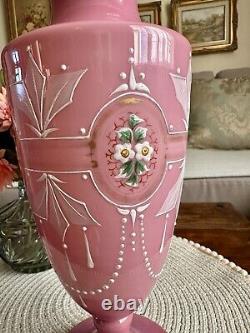 Antique Pink Opaline Glass Bristol Vase Hand Patient Floral Urn Shape Victorian