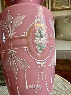 Antique Pink Opaline Glass Bristol Vase Hand Patient Floral Urn Shape Victorian