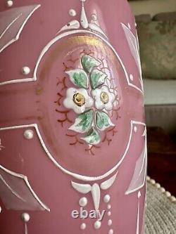 Antique Pink Opaline Glass Bristol Vase Hand Patient Floral Urn Shape Victorian