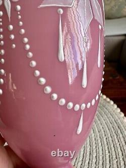 Antique Pink Opaline Glass Bristol Vase Hand Patient Floral Urn Shape Victorian