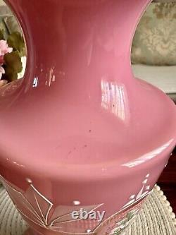 Antique Pink Opaline Glass Bristol Vase Hand Patient Floral Urn Shape Victorian
