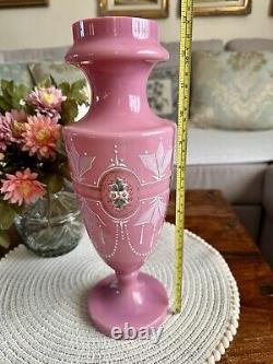 Antique Pink Opaline Glass Bristol Vase Hand Patient Floral Urn Shape Victorian
