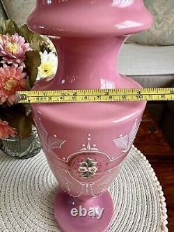 Antique Pink Opaline Glass Bristol Vase Hand Patient Floral Urn Shape Victorian