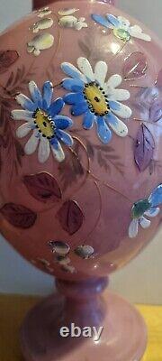 Antique Pink Opaline Glass Vase Victorian Large Hand Painted Floral Design