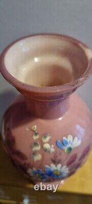 Antique Pink Opaline Glass Vase Victorian Large Hand Painted Floral Design