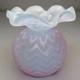 Antique Pink Satin Art Glass Rose Bowl Chevron Air Trap MOP Ruffled Pontil Vase