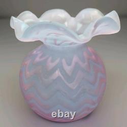 Antique Pink Satin Art Glass Rose Bowl Chevron Air Trap MOP Ruffled Pontil Vase