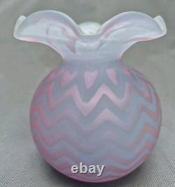 Antique Pink Satin Art Glass Rose Bowl Chevron Air Trap MOP Ruffled Pontil Vase