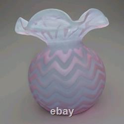 Antique Pink Satin Art Glass Rose Bowl Chevron Air Trap MOP Ruffled Pontil Vase