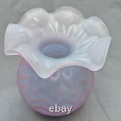 Antique Pink Satin Art Glass Rose Bowl Chevron Air Trap MOP Ruffled Pontil Vase