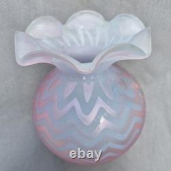 Antique Pink Satin Art Glass Rose Bowl Chevron Air Trap MOP Ruffled Pontil Vase