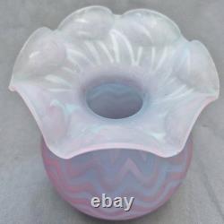 Antique Pink Satin Art Glass Rose Bowl Chevron Air Trap MOP Ruffled Pontil Vase