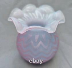 Antique Pink Satin Art Glass Rose Bowl Chevron Air Trap MOP Ruffled Pontil Vase