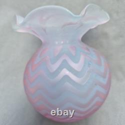 Antique Pink Satin Art Glass Rose Bowl Chevron Air Trap MOP Ruffled Pontil Vase