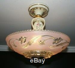 Antique Porcelier pink glass 14 inch shade Art Deco light fixture chandelier