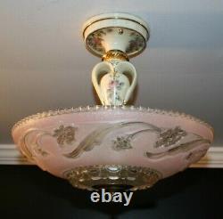 Antique Porcelier pink glass 14 inch shade Art Deco light fixture chandelier