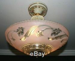 Antique Porcelier pink glass 14 inch shade Art Deco light fixture chandelier