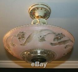 Antique Porcelier pink glass 14 inch shade Art Deco light fixture chandelier